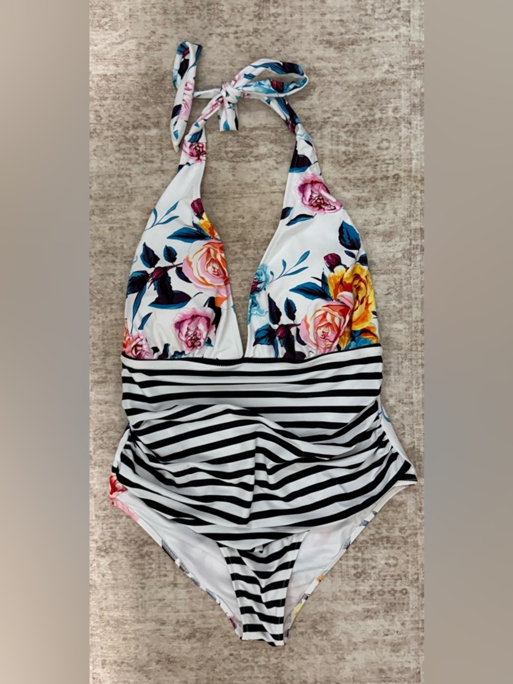 Cupshe White Floral & Black Stripe Halter One-Piece Swimsuit